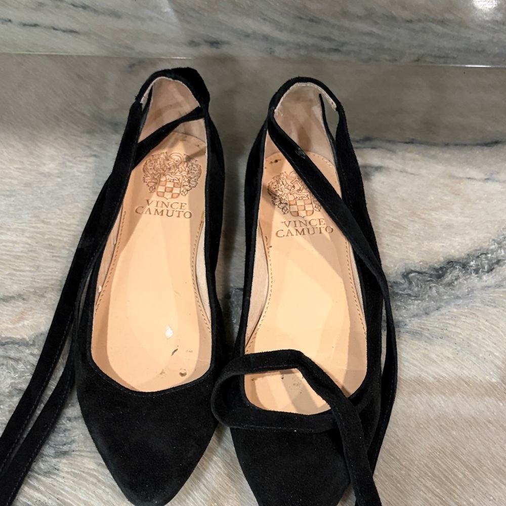 Vince Camuto Black Suede Pointed Flats with Crisscross Wrap Straps